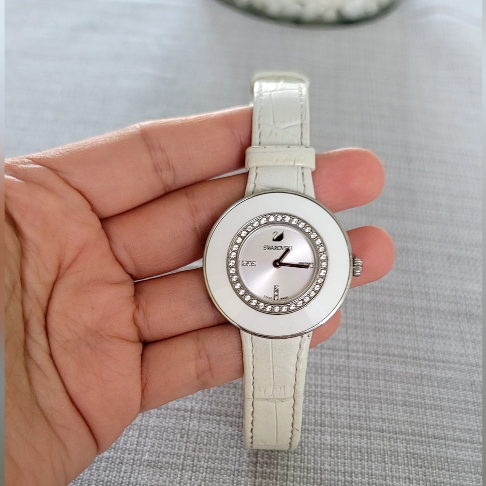 Swarovski Genuine Leather Strap Ladies Watch - White